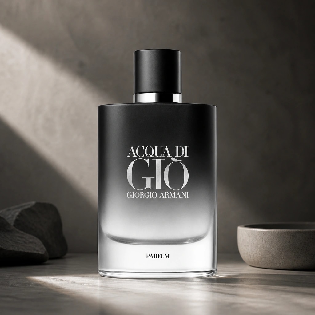 BrandShots showcase: AI-generated perfume campaign photograph with warm editorial lighting